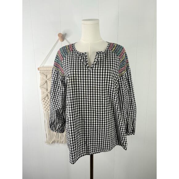 Madewell Embroidered Smocked Gingham Top Size Small Black White - Picture 3 of 12